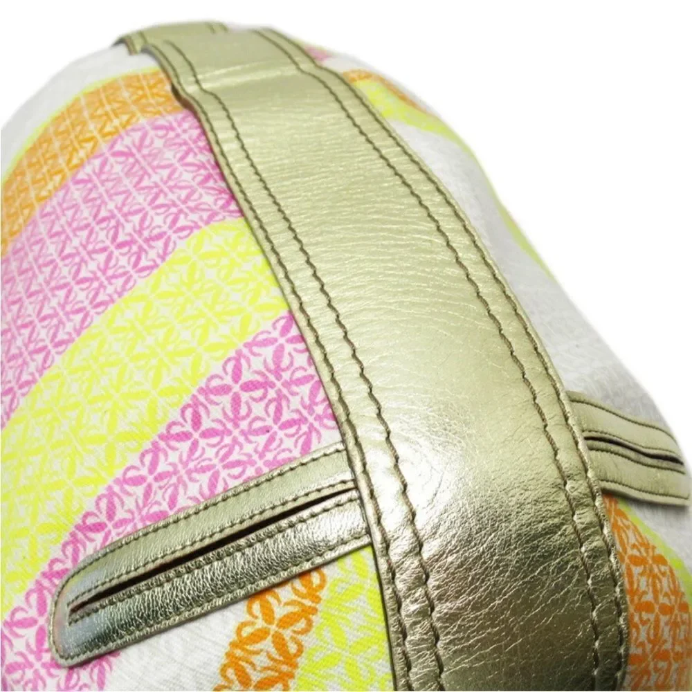 Auth LOEWE Multicolor Anagram Striped Canvas Gold Leather 2way Fiesta Satchel